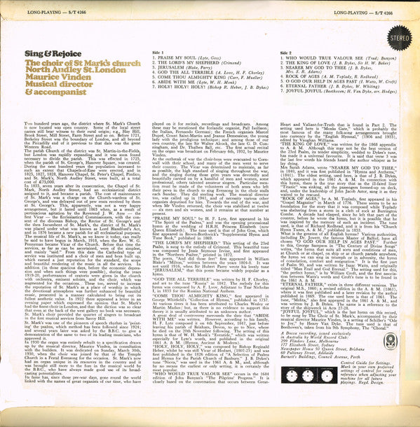 Choir Of St. Mark's Church, North Audley Street, Maurice Vinden : Sing & Rejoice (LP, Album, Club)