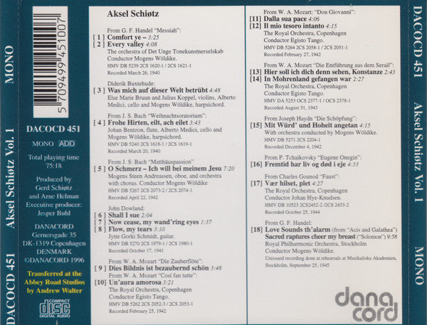 Aksel Schiøtz : The Complete Aksel Schiøtz Recordings 1933-1946 - Oratorio And Mozart Arias 1940-45 - Vol 1 (CD, Comp, Mono)