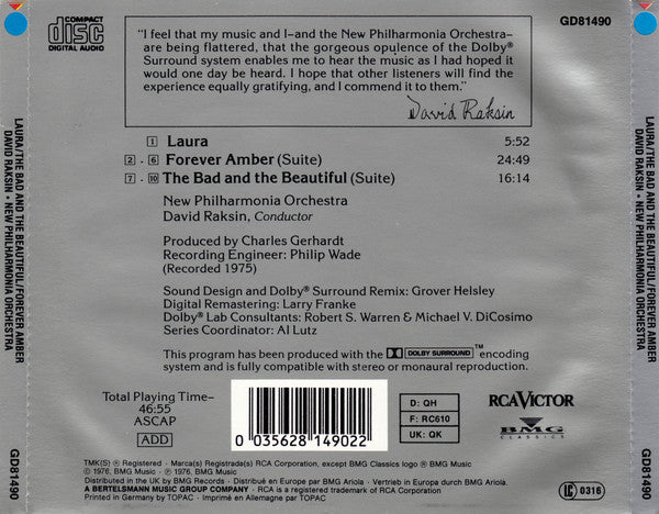 David Raksin : David Raksin Conducts His Great Film Scores Laura - Forever Amber - The Bad And The Beautiful (CD, Album, RM, Dol)