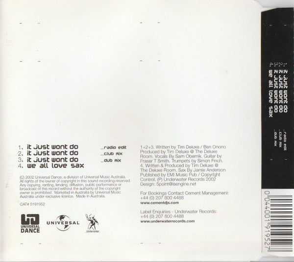 Tim Deluxe Featuring Sam Obernik : It Just Wont Do (CD, Maxi)