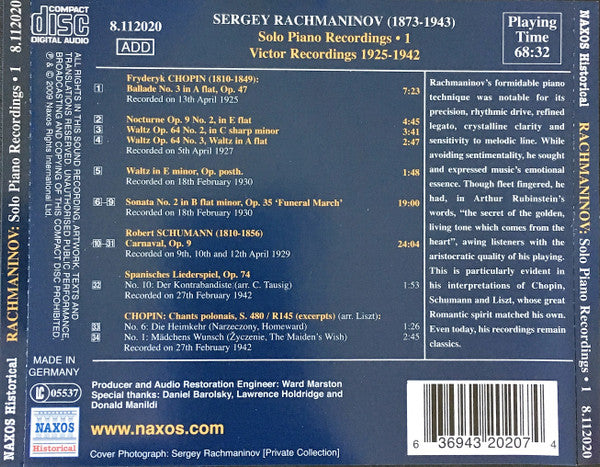 Sergey Rachmaninov*, Chopin*, Schumann* : Rachmaninov • 1, Historical Recordings 1925-1942 (CD, Comp)