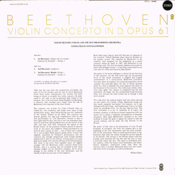 Beethoven* : Violin Concerto In D, Opus 61 (LP, Album, Club)