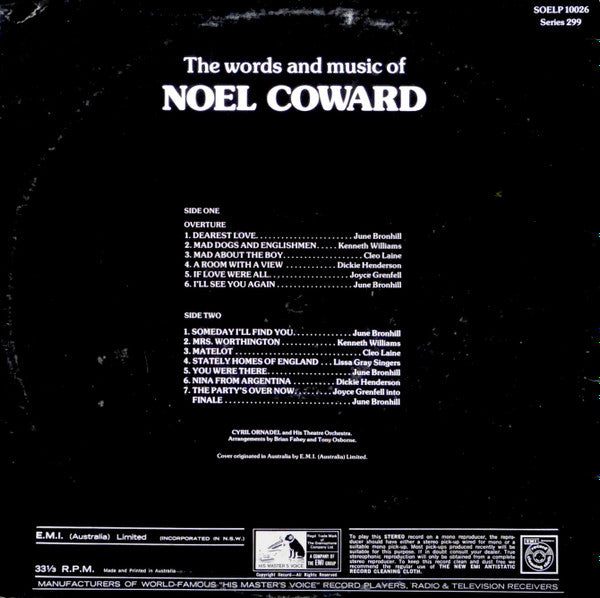 Noël Coward, Cyril Ornadel And His Orchestra, June Bronhill, Kenneth Williams, Cleo Laine, Dickie Henderson, Joyce Grenfell, The Lissa Gray Singers : The Words And Music Of Noel Coward (LP, Comp, RE)