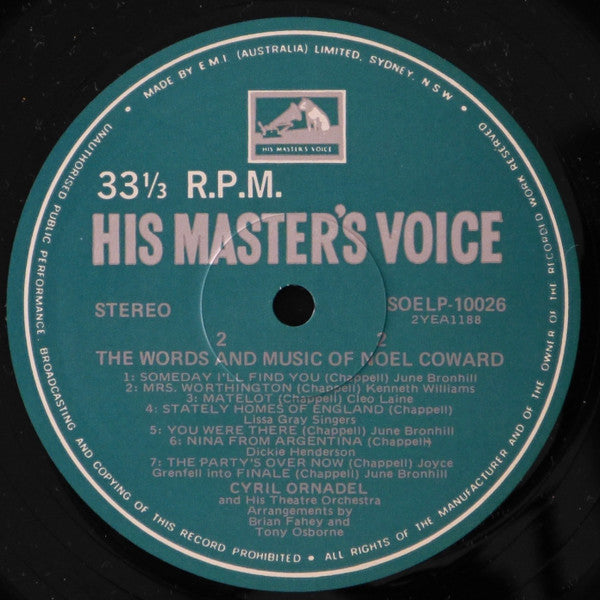 Noël Coward, Cyril Ornadel And His Orchestra, June Bronhill, Kenneth Williams, Cleo Laine, Dickie Henderson, Joyce Grenfell, The Lissa Gray Singers : The Words And Music Of Noel Coward (LP, Comp, RE)