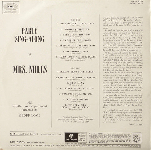 Mrs. Mills Rhythm Accompaniment Directed By Geoff Love : Party Sing Along (LP, RE)