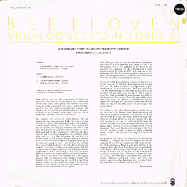 Ludwig van Beethoven : Violin Concerto In D, Opus 61 (LP, Album, Club, RE)