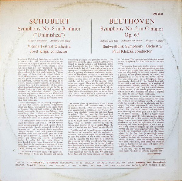 Beethoven*, Paul Kletzki, Symphony Orchestra Of The Südwestfunk, Baden-Baden* / Schubert*, Josef Krips, Vienna Festival Orchestra* : Symphony No 5 / Unfinished Symphony (LP)