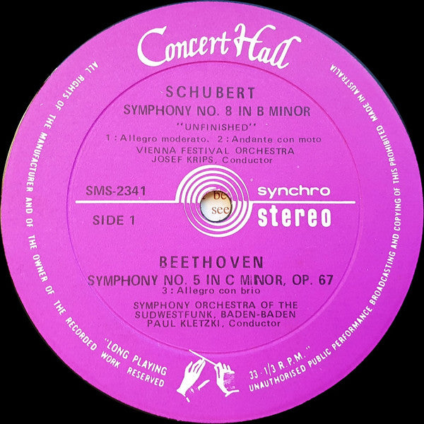 Beethoven*, Paul Kletzki, Symphony Orchestra Of The Südwestfunk, Baden-Baden* / Schubert*, Josef Krips, Vienna Festival Orchestra* : Symphony No 5 / Unfinished Symphony (LP)