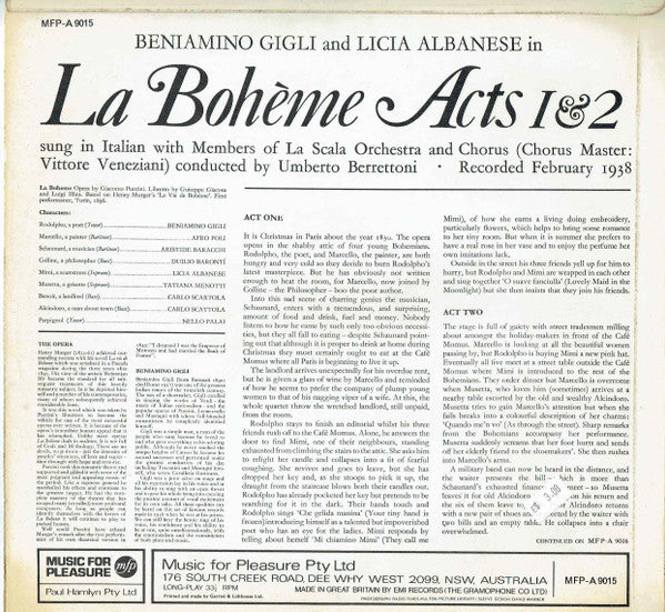Beniamino Gigli And Licia Albanese With La Scala Orchestra* & Chorus* : La Bohème Acts 1 & 2 - The Classic 1938 La Scala Recording (LP, RE)