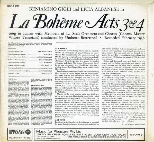 Beniamino Gigli And Licia Albanese With Orchestra Del Teatro Alla Scala & Coro Del Teatro Alla Scala : La Bohème Acts 3 & 4 - The Classic 1938 La Scala Recording (LP, Album, Mono, RE)