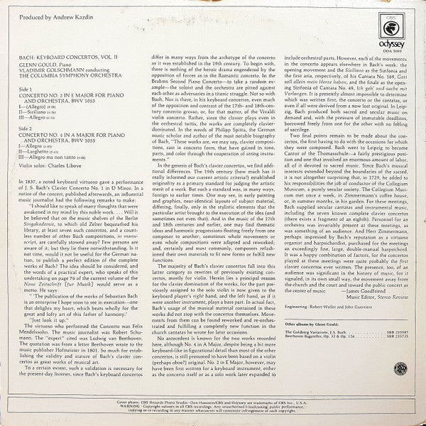 Johann Sebastian Bach, Glenn Gould, Vladimir Golschmann, Columbia Symphony Orchestra : Keyboard Concertos, Vol.II - No. 2 In E Major / No. 4 In A Major (LP)