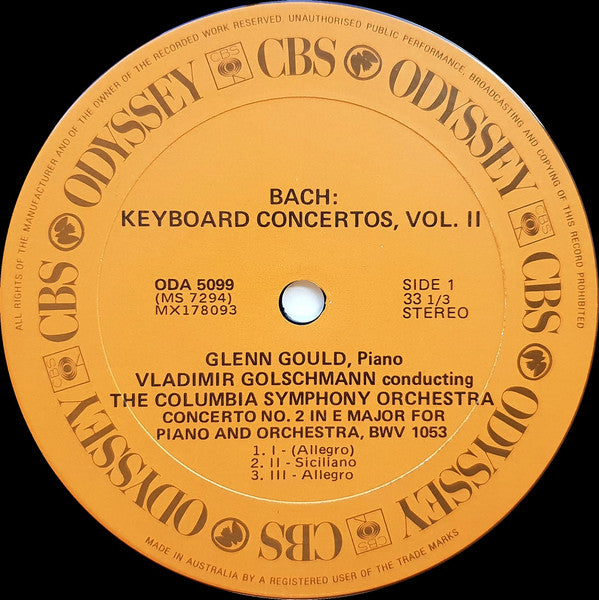 Johann Sebastian Bach, Glenn Gould, Vladimir Golschmann, Columbia Symphony Orchestra : Keyboard Concertos, Vol.II - No. 2 In E Major / No. 4 In A Major (LP)