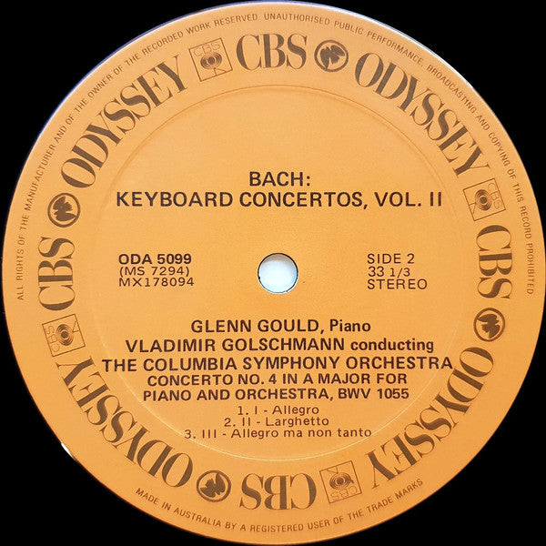 Johann Sebastian Bach, Glenn Gould, Vladimir Golschmann, Columbia Symphony Orchestra : Keyboard Concertos, Vol.II - No. 2 In E Major / No. 4 In A Major (LP)