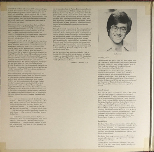 Ernest Bloch, Geoffrey Simon, London Symphony Orchestra, Louis Berkman, The Zemel Choir Of London : Sacred Service (LP)