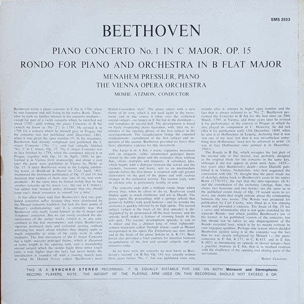 Ludwig van Beethoven : Piano Concerto No. 1 / Rondo For Piano And Orchestra (LP)