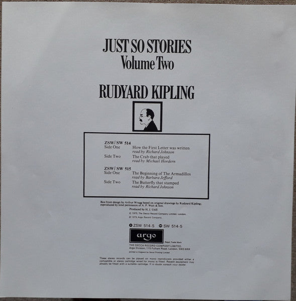 Rudyard Kipling Readers Michael Hordern, Barbara Jefford, Richard Johnson (3) : Just So Stories Vol. 2 (Box + LP, Comp)