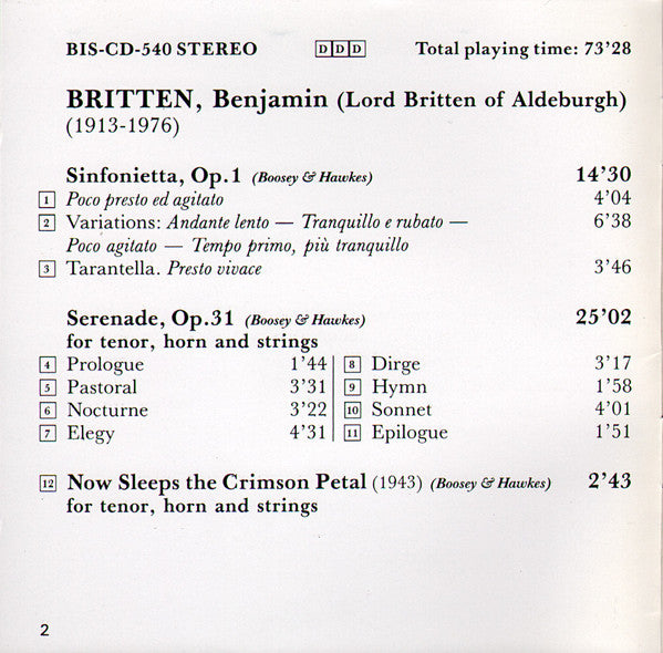 Benjamin Britten - Christoph Prégardien, Ib Lanzky-Otto, Tapiola Sinfonietta, Osmo Vänskä : Sinfonietta, Op.1 • Serenade, Op.31 • Now Sleeps The Crimson Petal • Nocturne, Op.60 (CD)