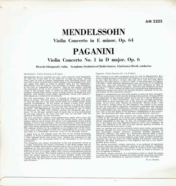 Felix Mendelssohn-Bartholdy / Niccolò Paganini - Ricardo Odnoposoff, Symphonie Orchester Radio Genf, Gianfranco Rivoli : Mendelssohn Violin Concerto / Paganini Violin Concerto (LP)
