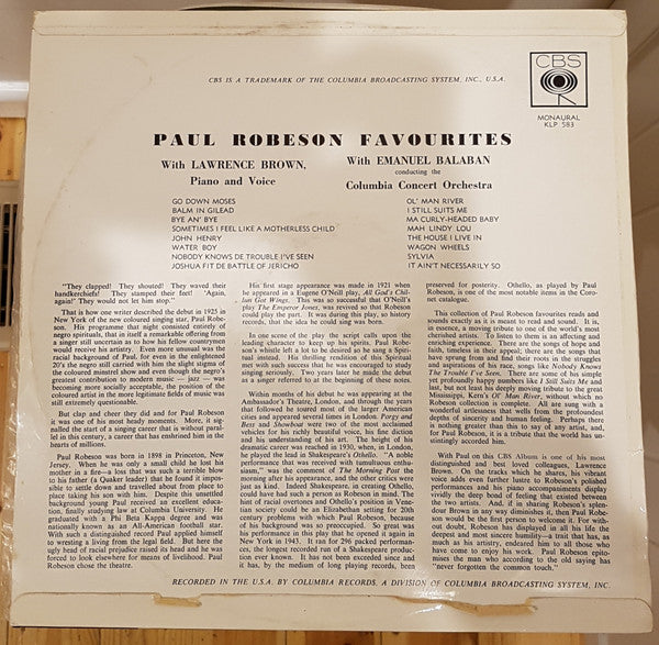 Paul Robeson : Paul Robeson Favourites (LP, Mono)