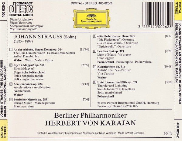 Johann Strauss Jr. - Berliner Philharmoniker • Herbert von Karajan : An Der Schönen Blauen Donau = The Blue Danube = Le Beau Danube Bleu (CD, Album, RE)