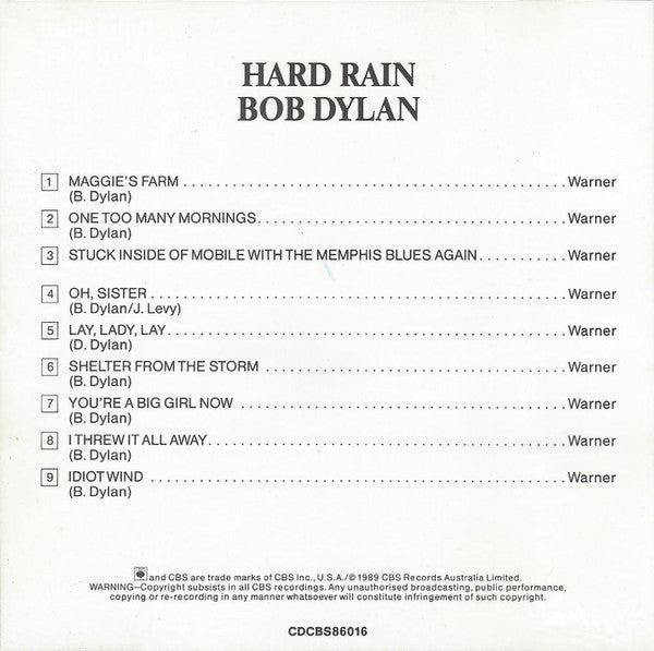 Bob Dylan : Hard Rain (CD, Album, RE)