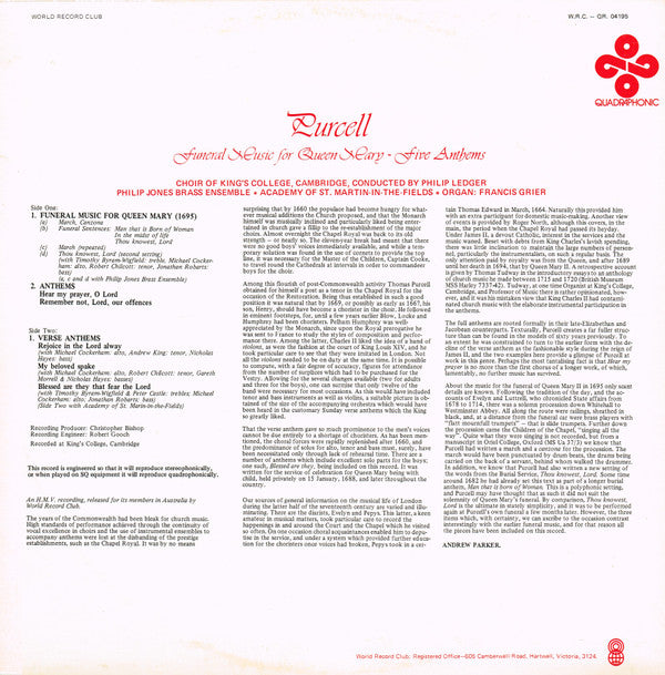Henry Purcell : Funeral Music For Queen Mary - Five Anthems (LP, Quad, Club, RE)