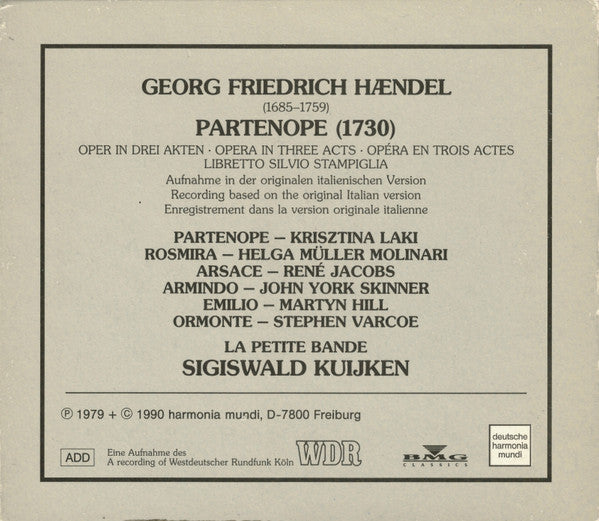 Georg Friedrich Händel – La Petite Bande, Sigiswald Kuijken : Partenope (1730) (3xCD, Album, RE, RM + Box, Sli)