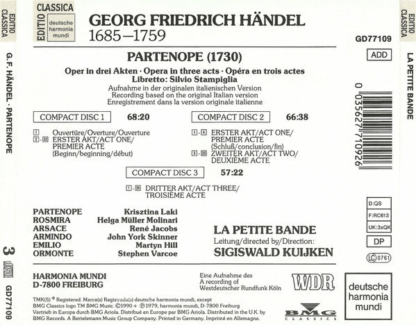 Georg Friedrich Händel – La Petite Bande, Sigiswald Kuijken : Partenope (1730) (3xCD, Album, RE, RM + Box, Sli)