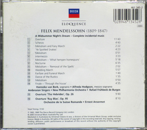 Mendelssohn* - New Philharmonia Orchestra • Rafael Frühbeck De Burgos • Orchestre De La Suisse Romande* • Ernest Ansermet : A Midsummer Night's Dream • Overture: The Hebrides • Overture: Ruy Blas (CD, Comp)