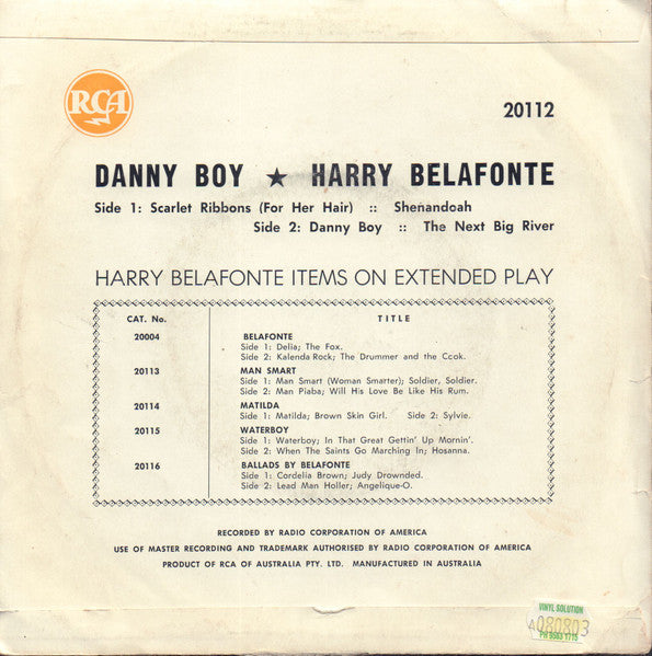 Harry Belafonte : Danny Boy (7", EP, Tri)