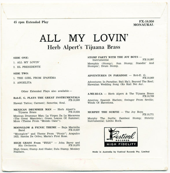 Herb Alpert's Tijuana Brass* : All My Lovin' (7", EP, Mono)