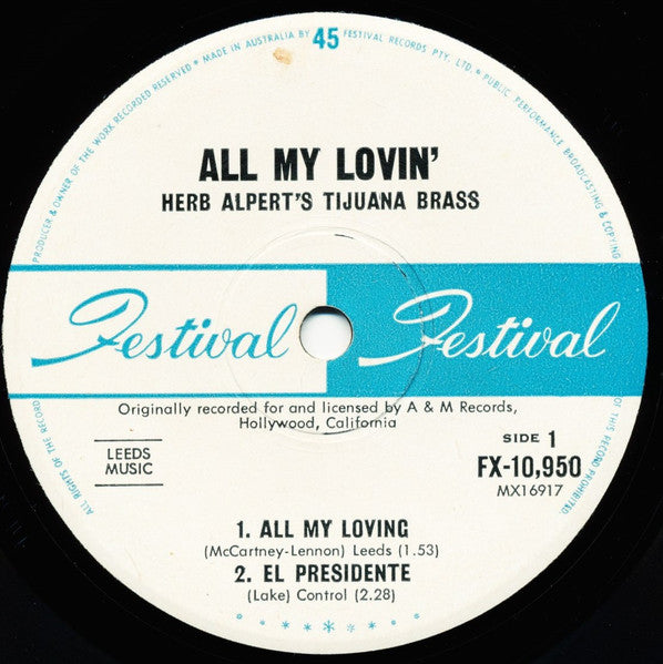 Herb Alpert's Tijuana Brass* : All My Lovin' (7", EP, Mono)