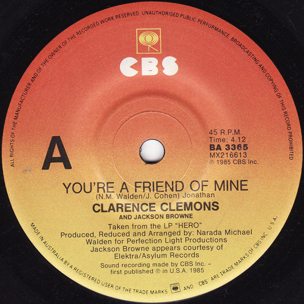 Clarence Clemons And Jackson Browne : You're A Friend Of Mine (7")