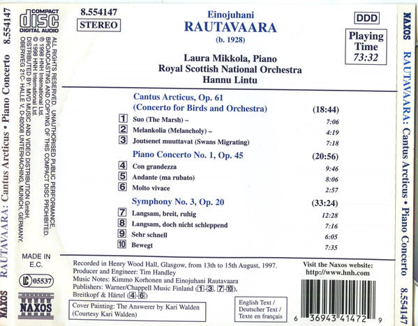 Einojuhani Rautavaara - Laura Mikkola, Royal Scottish National Orchestra, Hannu Lintu : Cantus Arcticus / Piano Concerto No. 1 / Symphony No. 3 (CD, Album)