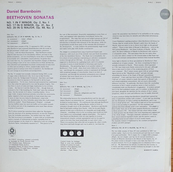 Beethoven*  -  Daniel Barenboim : Piano Sonatas No. 1 In F Minor, Op.2 No.1; No. 17 In D Minor, Op.31 No.2 "Tempest"; No. 20 In G, Op.49 No.2 (LP, Album, Club, RE)