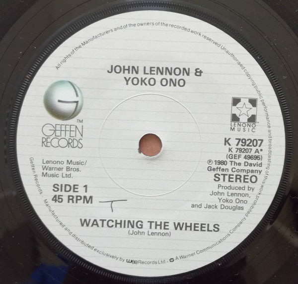 John Lennon : Watching The Wheels (7", Single, WEA)