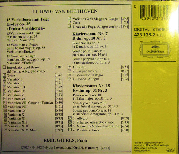 Beethoven*, Emil Gilels : Eroica-Variationen • Sonaten No. 7 & No. 18 (CD, Album, RE, PMD)