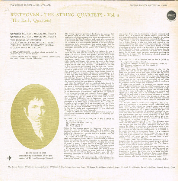Ludwig van Beethoven, The Hungarian Quartet : The String Quartets, Vol. 2 (The Early Quartets): Quartet No. 3 In D Major, Op. 18 No. 3; Quartet No. 4 In C Minor, Op. 18 No. 4 (LP, Album, Club, RE)