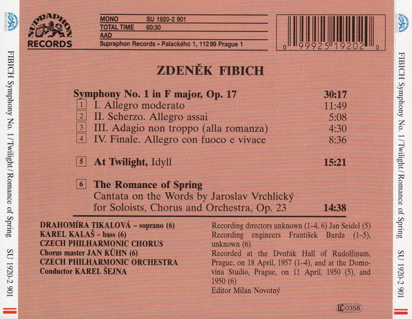 Fibich* - Czech Philharmonic Orchestra* And Chorus*, Karel Šejna : Symphony No.1. At Twilight. The Romance Of Spring (CD, Comp, Mono)