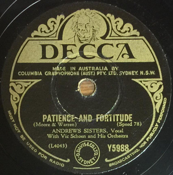 Andrews Sisters* With Vic Schoen And His Orchestra : Patience And Fortitude / Her Bathing Suit Never Got Wet (Shellac, 10")