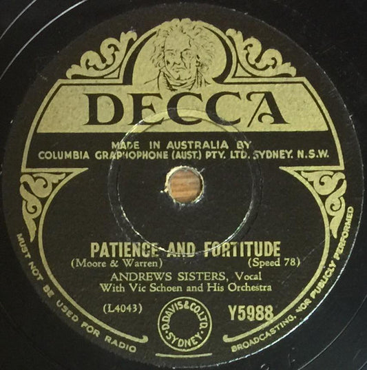 Andrews Sisters* With Vic Schoen And His Orchestra : Patience And Fortitude / Her Bathing Suit Never Got Wet (Shellac, 10")