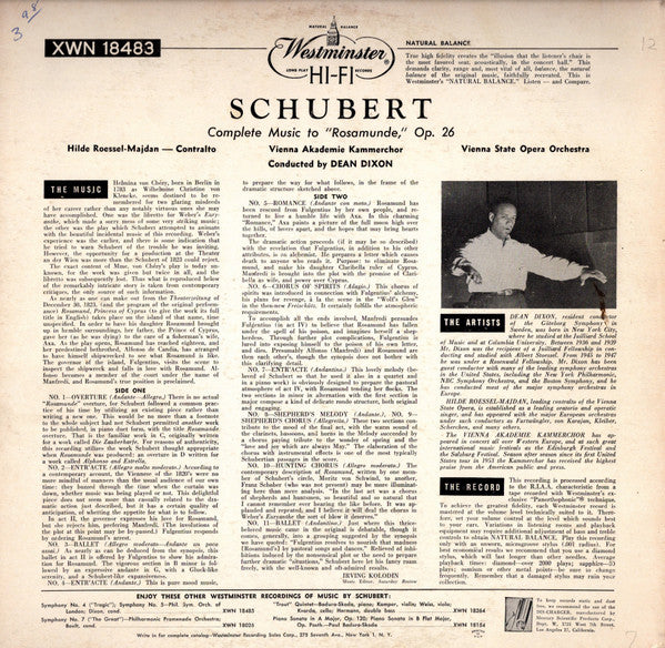 Franz Schubert, Hilde Rössel-Majdan, Wiener Akademie Kammerchor, Orchester Der Wiener Staatsoper, Dean Dixon (2) : Complete Music To "Rosamunde", Op.26 (LP, Mono)