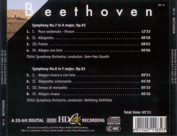 Beethoven* : Symphony No. 7 In E Major, Op. 92 / Symphony No. 8 in F Major, Op. 93 (CD)