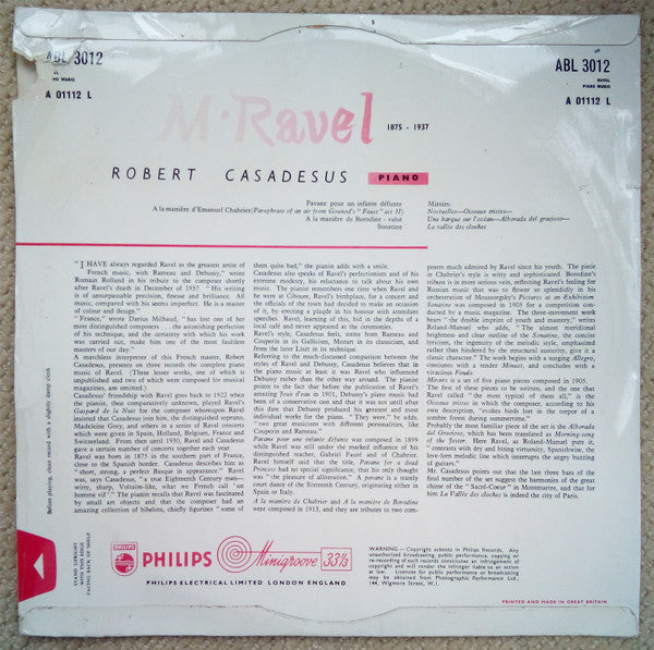 Maurice Ravel, Robert Casadesus : The Complete Piano Music Of Ravel; Volume 1 (LP, Mono)