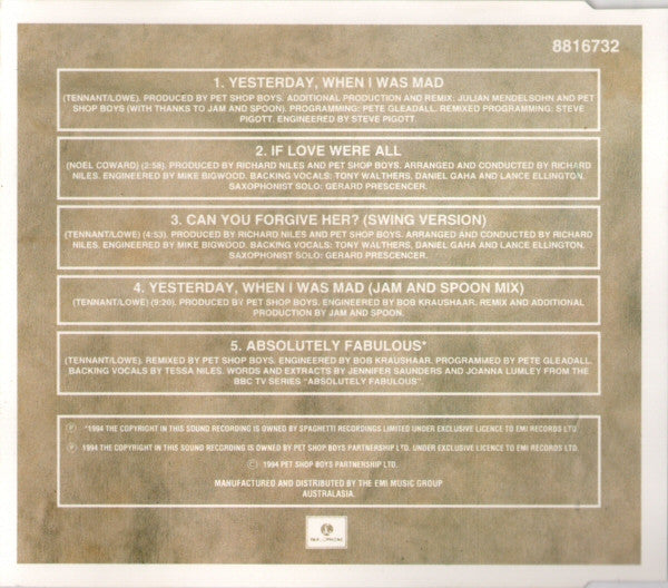 Pet Shop Boys : Yesterday, When I Was Mad (CD, Single)