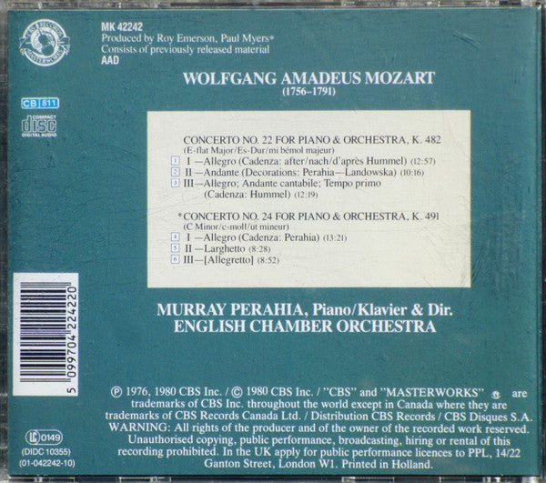 Mozart* - Perahia*, English Chamber Orchestra : Perahia Plays And Conducts Mozart (Piano Concerto No. 22, K.482 • Piano Concerto No. 24, K.491) (CD, Comp)