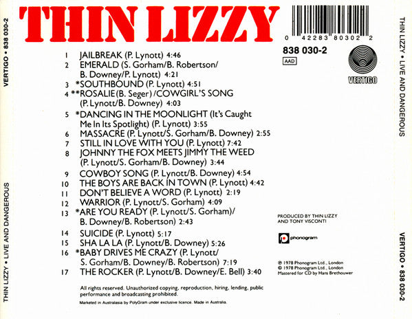 Thin Lizzy : Live And Dangerous (CD, Album, RE)