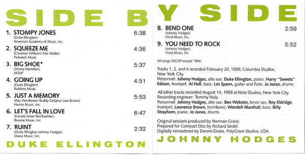 Duke Ellington And Johnny Hodges : Side By Side (CD, Album, RE, RM, PMD)