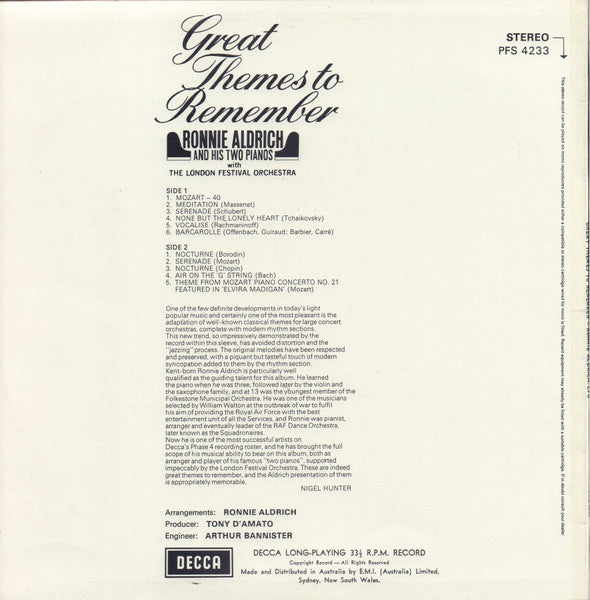 Ronnie Aldrich And His Two Pianos With The London Festival Orchestra : Great Themes To Remember (LP)