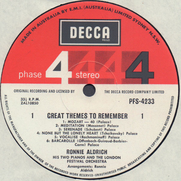 Ronnie Aldrich And His Two Pianos With The London Festival Orchestra : Great Themes To Remember (LP)